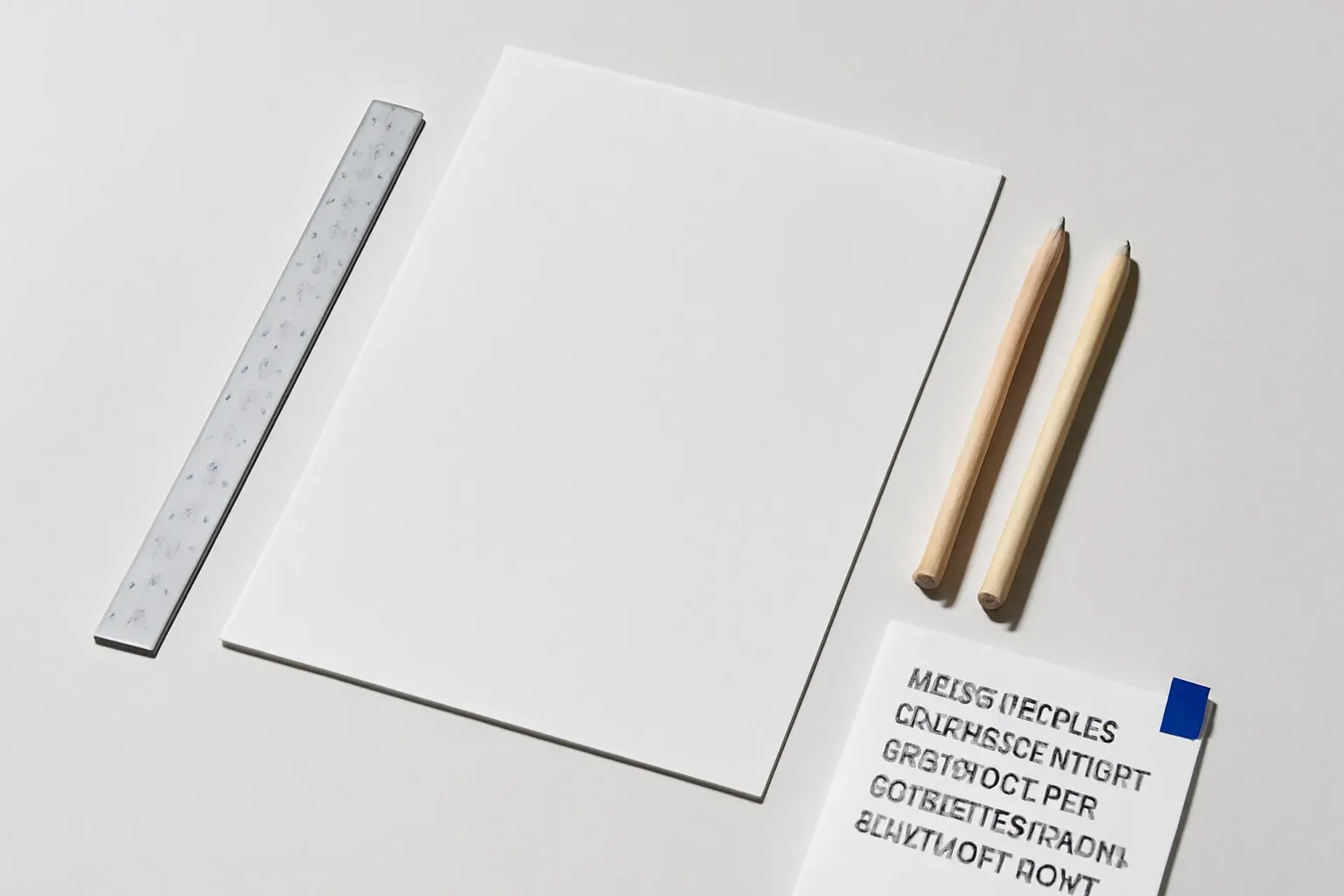 The studio's own paper, steel rule, pens and a single specimen card on a work surface.