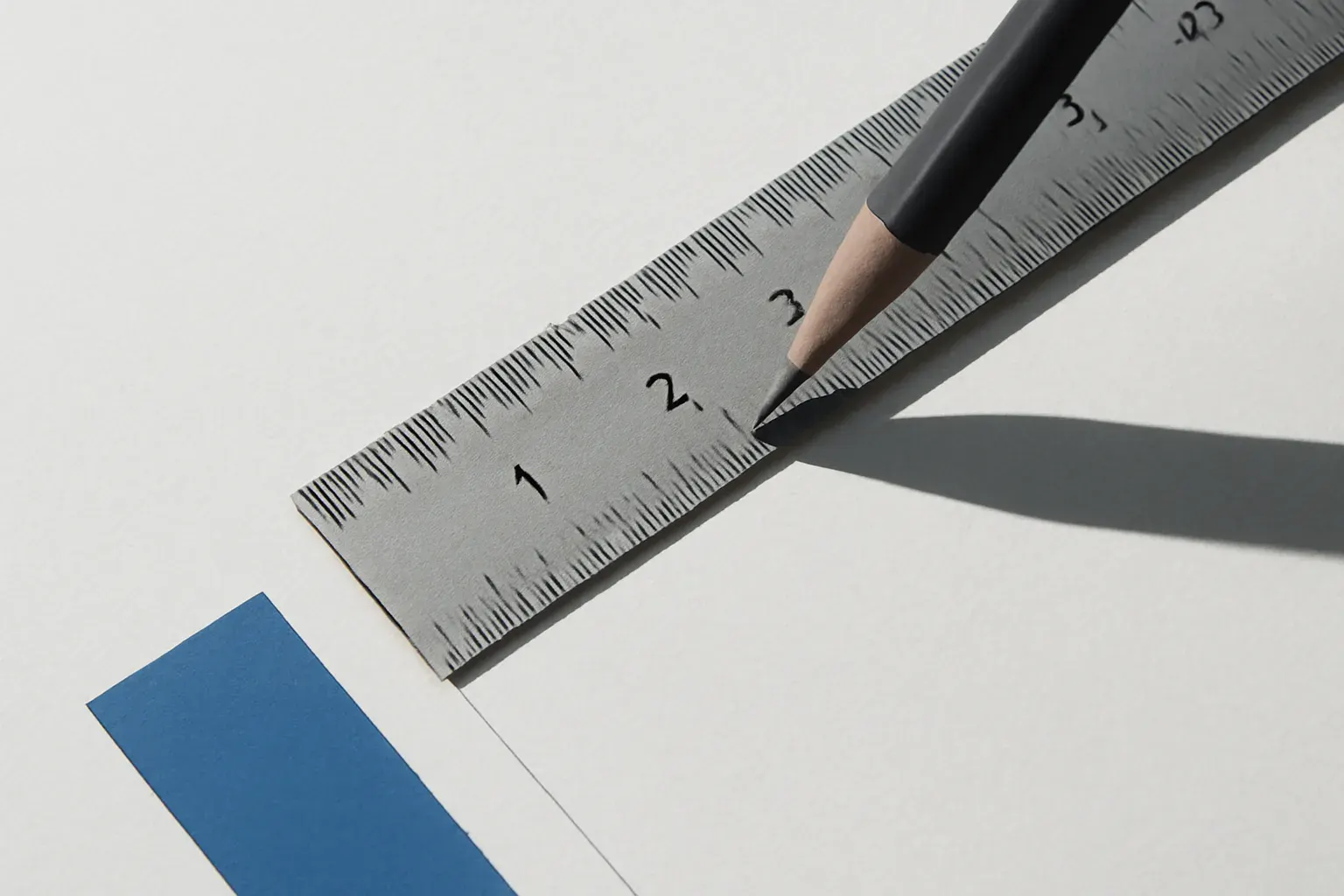 A steel rule mid-measurement on paper, with a pencil marking a tick.