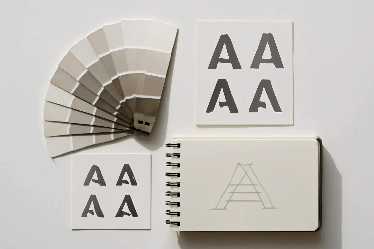 A swatch fan, printed type specimen cards and a sketchpad open to an early mark.
