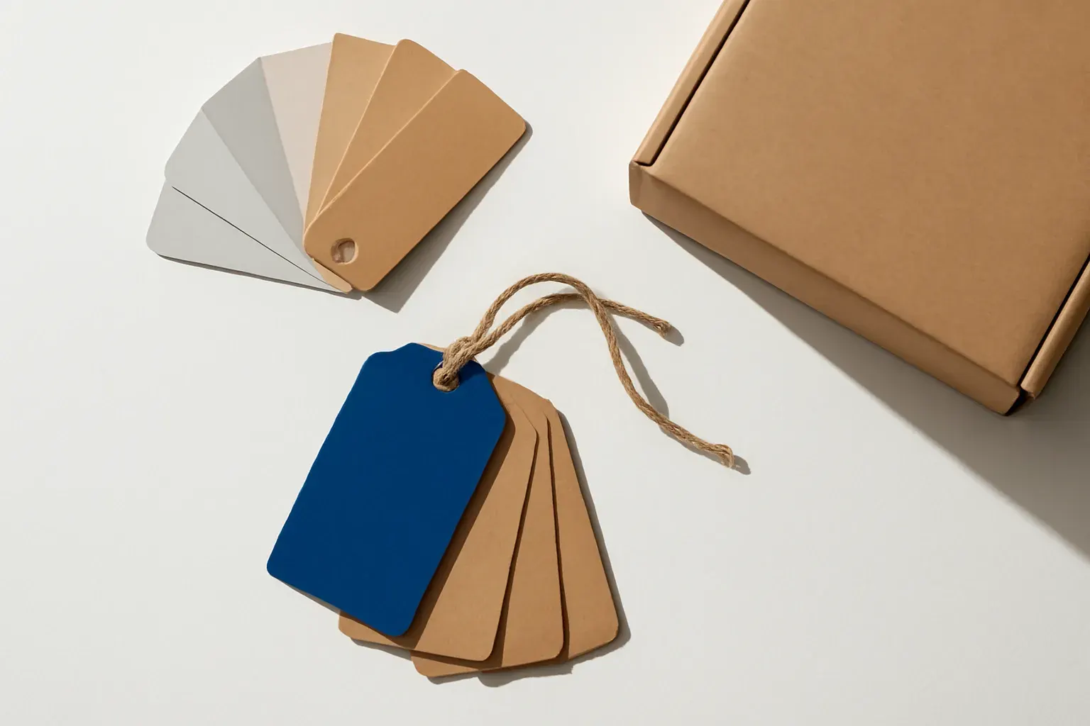 A swatch fan, product tags and a packaging box corner arranged as a flat lay.