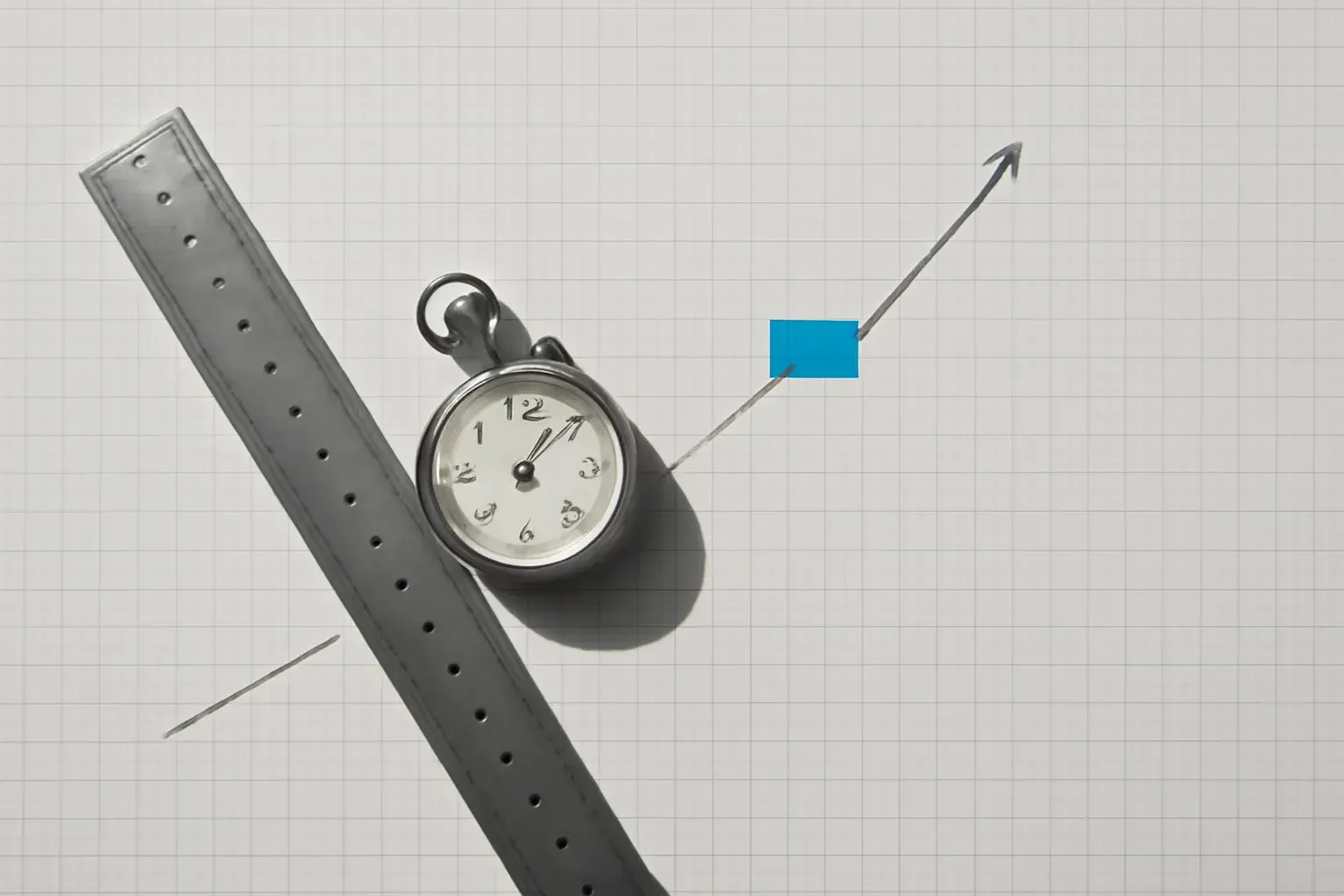 A steel rule and stopwatch on graph paper, with a single hand-drawn ascending line.