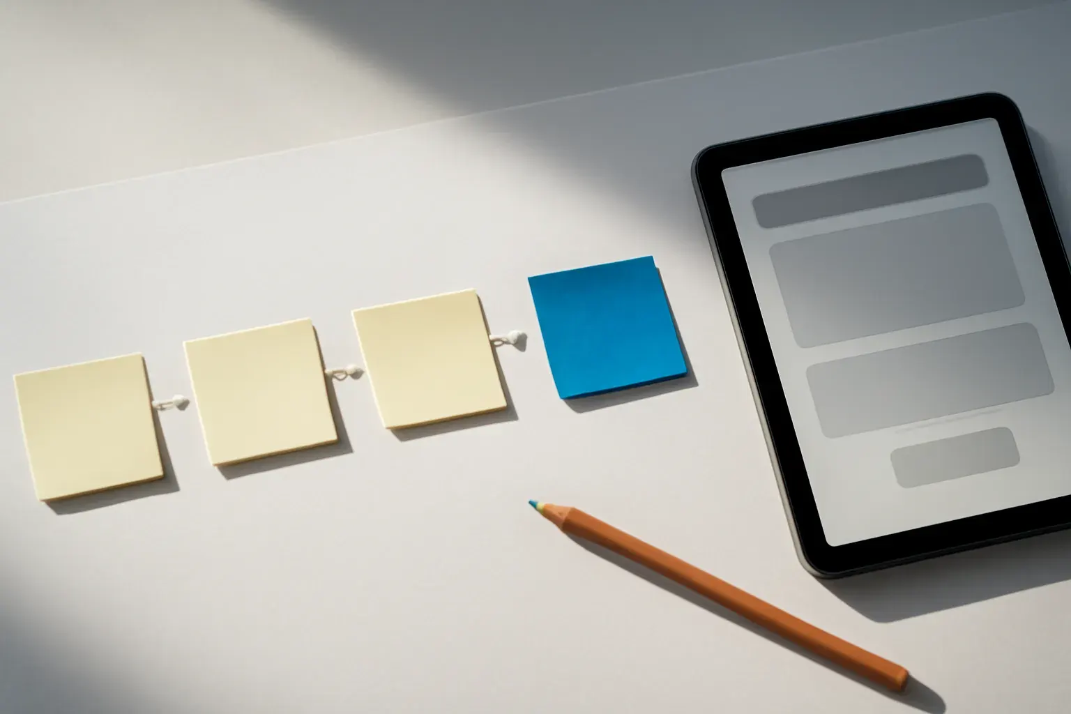 Sticky notes arranged in a flow with hand-drawn connectors, beside a tablet showing wireframe blocks.