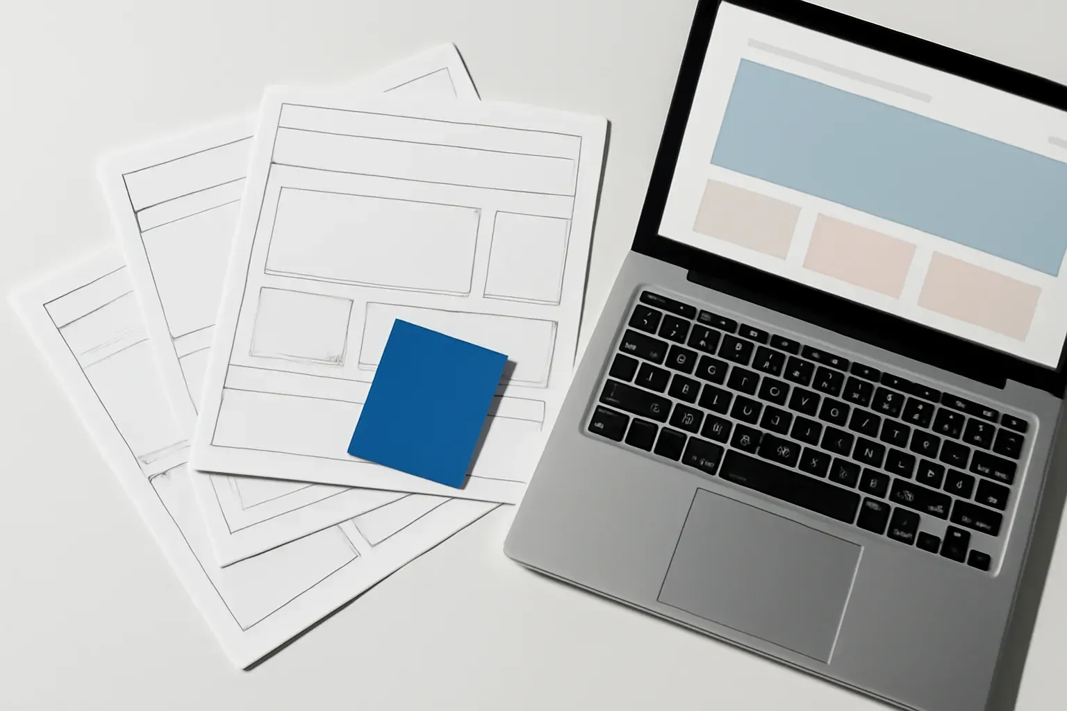 Paper wireframe sheets fanned out beside a tablet showing abstract, text-free web page blocks.
