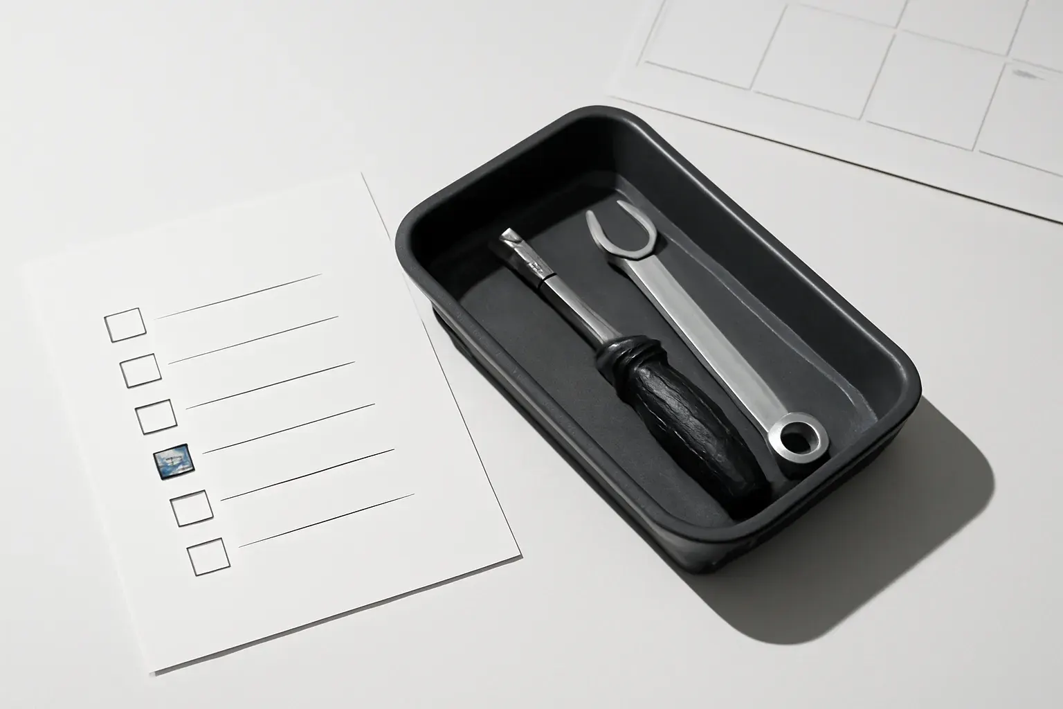 A small tool tray beside a printed checklist sheet and a wall calendar corner.