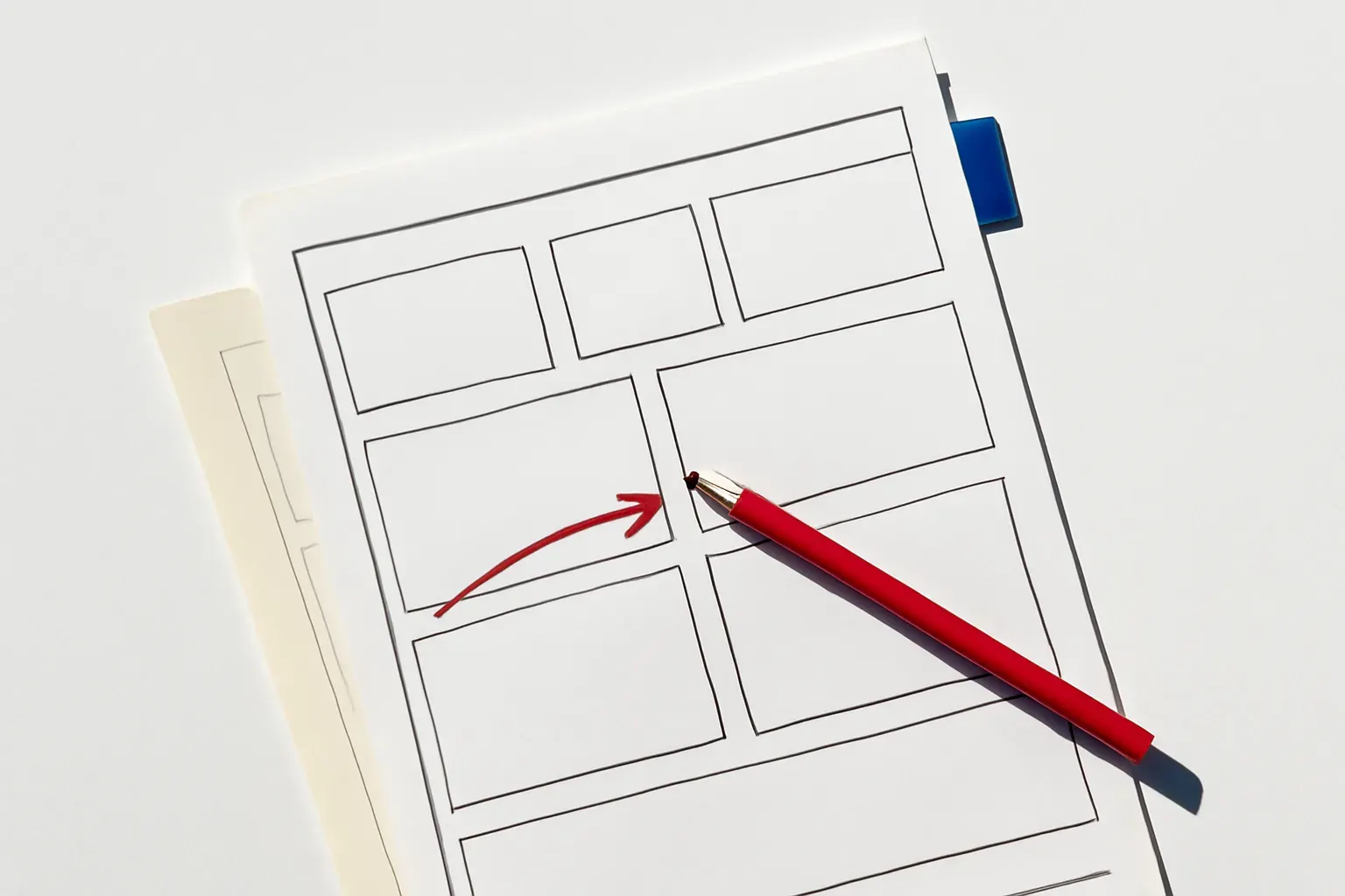 A faded layout sheet overlaid with a crisp new one, marked with a redline correction.